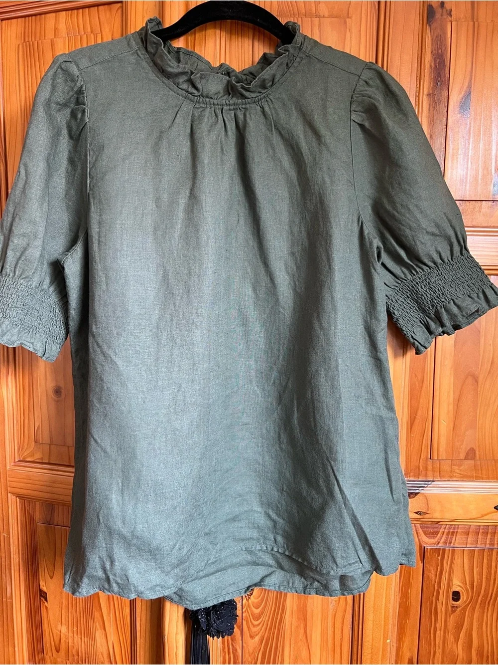 J. Crew Linen Olive Green Ruffle Neck Short Sleeve Blouse